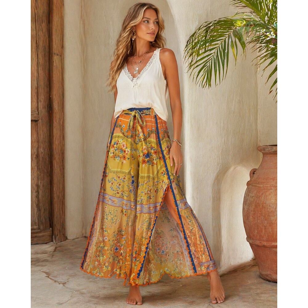 Johnny Was Tura Wrap Pants XS Boho Floral Wide Leg Scarf Print Rayon Tie Waist